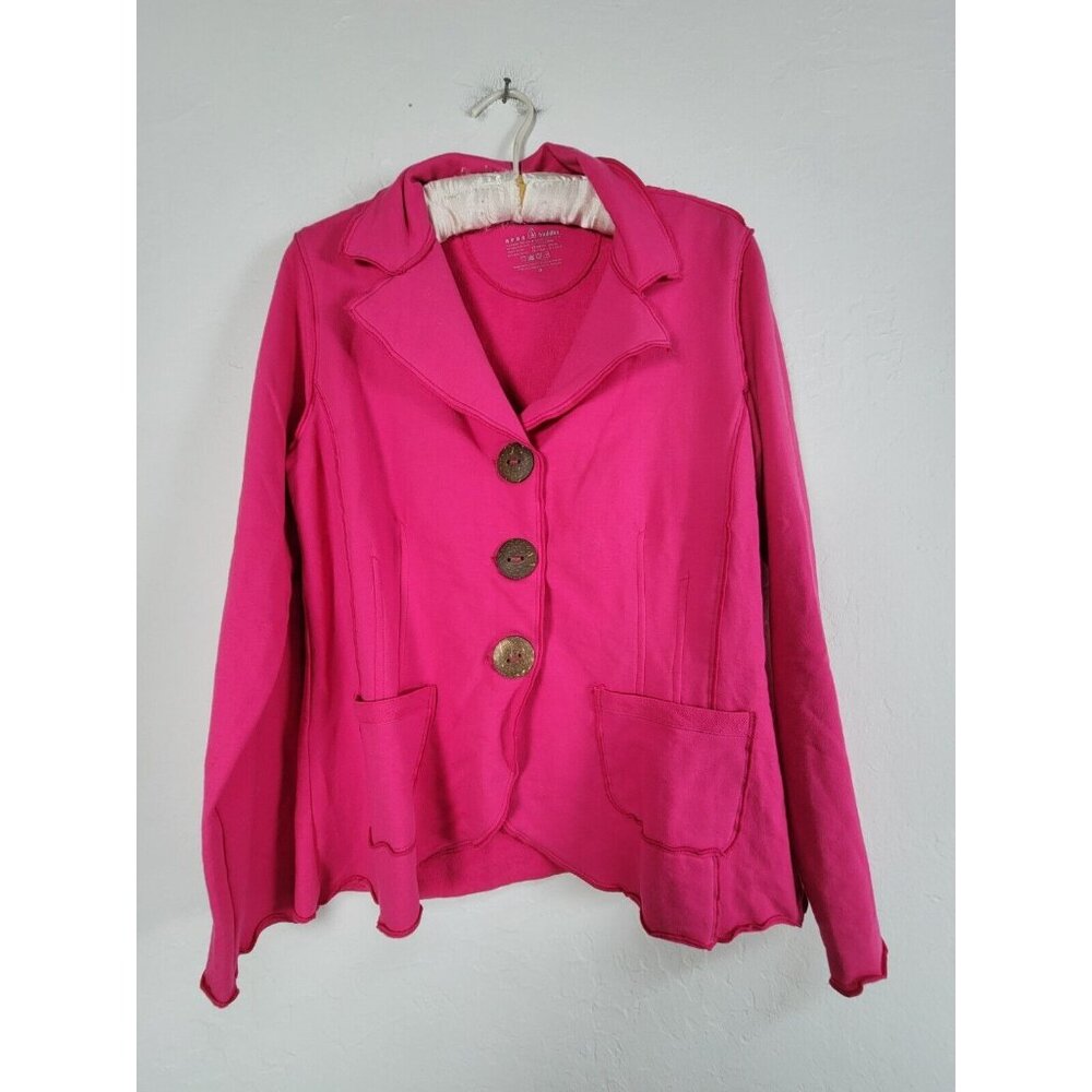 Neon Buddha Womens Button Front Collared Lettuce Trim Blouse Jacket Pink Medium